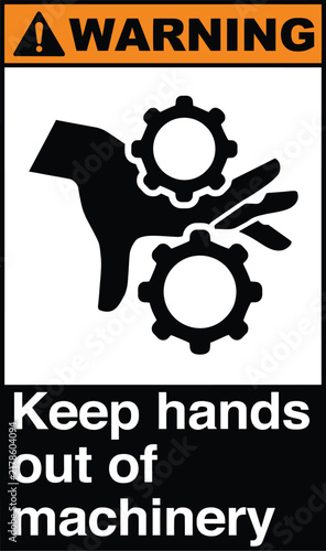 Warning keep hands out of machinery sign vector with gears icon