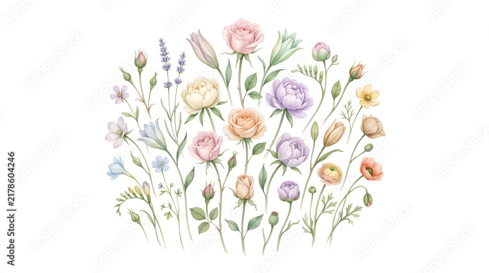 Fototapeta premium Delicate Floral Garden Scene With Soft Colored Roses and Wildflowers
