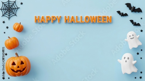 Happy halloween greeting with pumpkins and spooky decorations