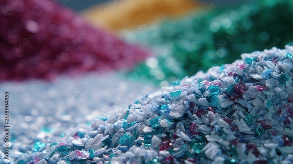 Obraz premium Multicolored recycled plastic granules piled in textured heap for reuse in manufacturing and material recovery with glossy fragments, bright tones, and industrial waste processing