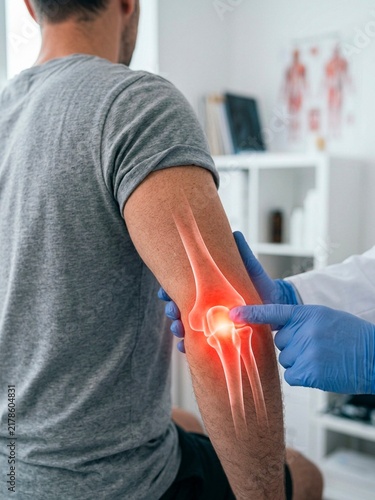 Doctor examining male patient with glowing red elbow joint pain