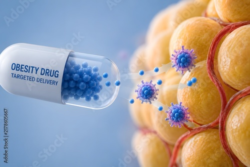 An obesity drug capsule releases blue spheres to targeted fat cell for medical science concept.
