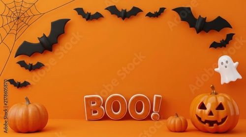 Halloween spooky scene with bats, ghost, jack o lantern and pumpkin