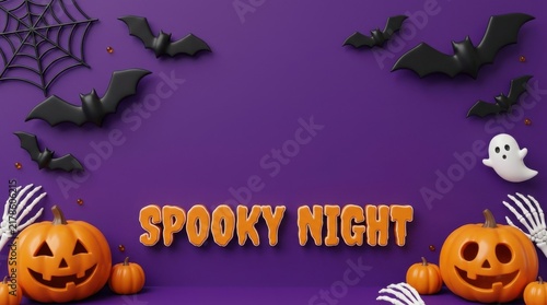 Spooky jack o lanterns with ghost and bats for halloween night