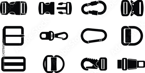 Foto Plastic buckle icon set featuring side release snaps tactical clips carabiners r
