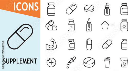 Medicine bottle icon collection for healthcare supplement use