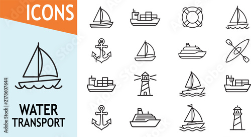 Sailboat and ship icon set for water transport travel