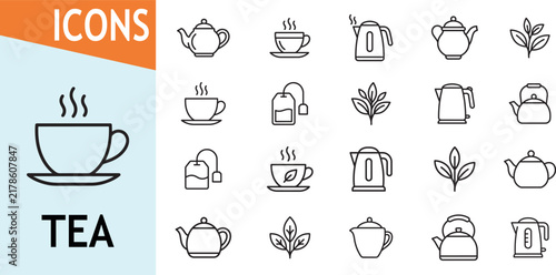 Tea cup and teapot icon set for hot beverage drink