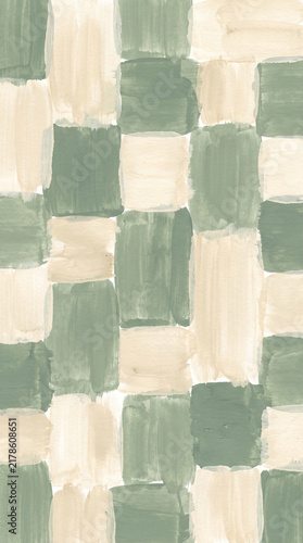 Abstract watercolor checkered pattern in sage green and cream beige featuring hand painted brush strokes for a soft organic aesthetic suitable for modern textile and wallpaper design