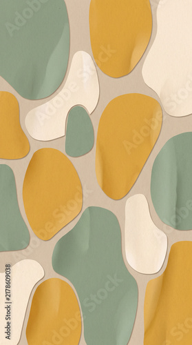 Abstract organic shapes background featuring a modern collage of layered paper cutouts in soft sage green mustard yellow and cream tones for minimalist contemporary graphic design