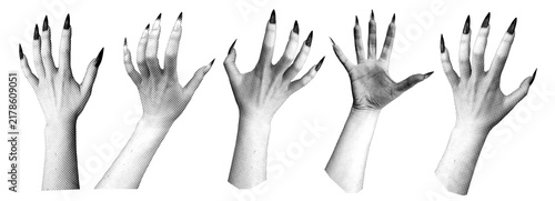 Retro Grunge Halftone Witch Hand Collection. Halloween paper cutout sticker set with long nail claw for collage and scrapbook design