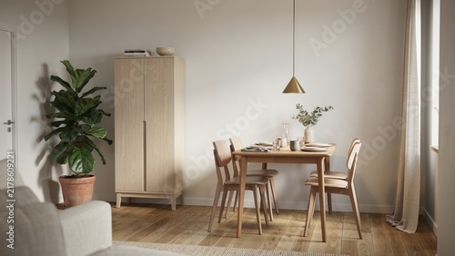 Light wood dining set with four chairs and cabinet, featuring fiddle leaf fig plant, creates warm inviting atmosphere.
