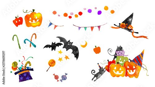 Cuadro en lienzo かぼちゃと黒猫と魔女の帽子のハロウィン手描き水彩モチーフイラストセット（ジャックオーランタン・コウモリ・お菓子・背景透過）
Halloween pumpkins