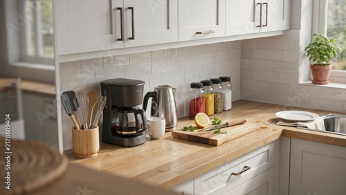 Modern kitchen counter with coffee maker electric kettle wooden cutting board and white subway tile backsplash decor.
