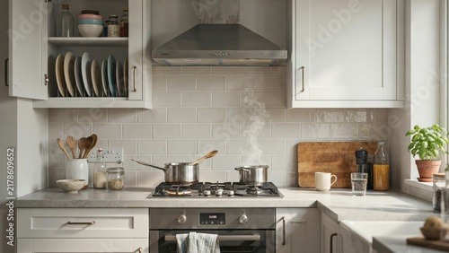 Steaming pots on gas stove burner in modern kitchen with ceramic backsplash and wooden cupboards for professional cooking.