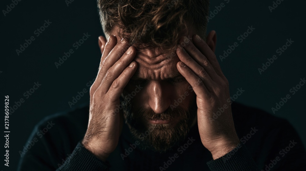Fototapeta premium Portrait of a stressed man holding his head in pain or despair, suffering from a severe migraine or mental health issues, dramatic lighting on a dark background