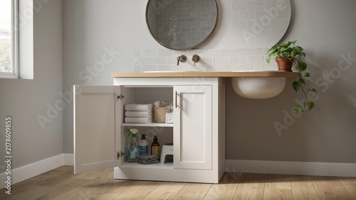 White bathroom vanity cabinet with open door revealing organized towels and cleaning supplies under wooden countertop.