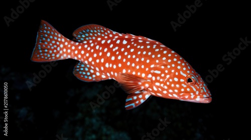 Vibrant Red Coral Grouper (Cephalopholis miniata) with Blue Spots Swimming Underwater Against a Dark Background