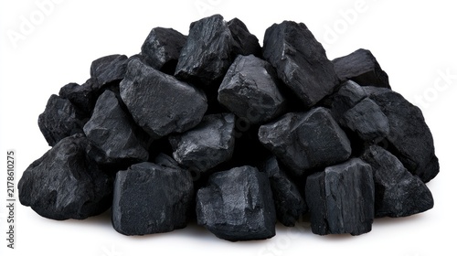 Pile of black coal pieces isolated on white background