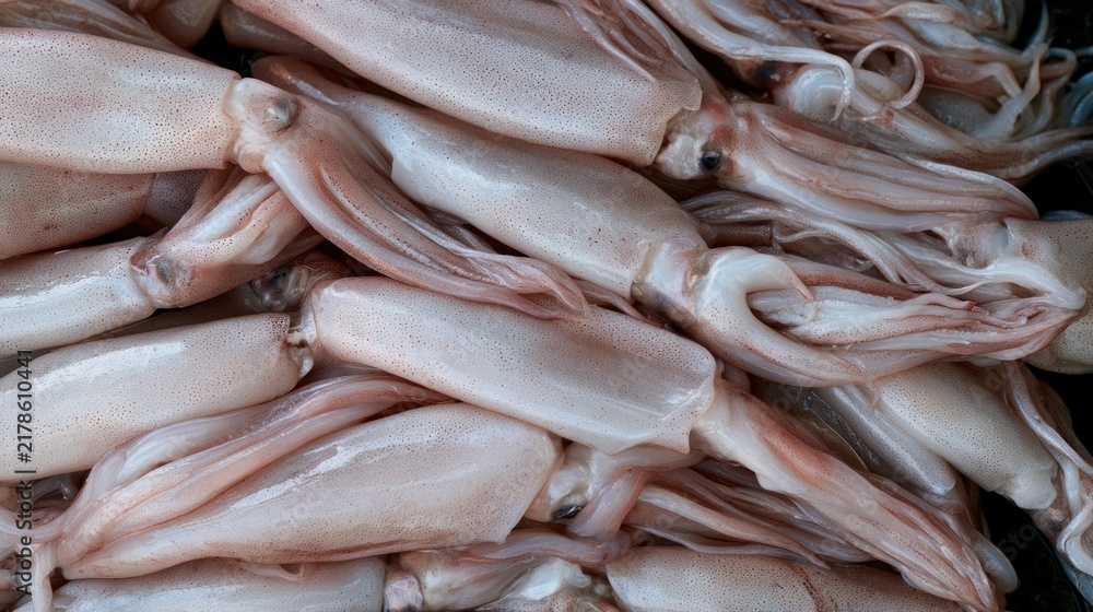 Obraz premium Fresh raw squids piled up for sale at a local seafood market