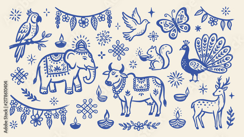 Indian folk art vector illustration set featuring traditional decorated animals elephant cow peacock and diwali diyas on cream background
