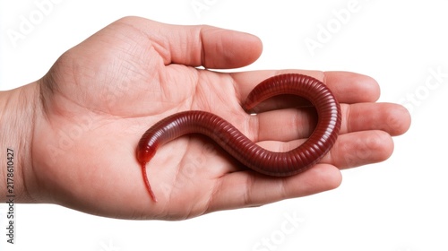A Large Giant Red Earthworm Held in a Person's Hand on a White Background