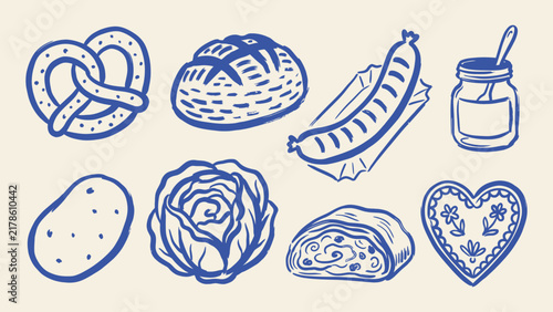 German food vector illustration set with hand drawn pretzel sausage bread potato cabbage strudel and gingerbread heart icons