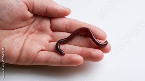 Close-up of a child's hand holding a live earthworm on a white background
