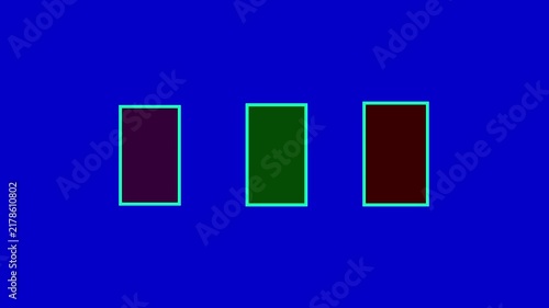 Minimalist loading animation with three small colorful rectangles on blue background