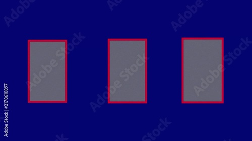 Three vertical rectangular frames with red borders on a solid blue background