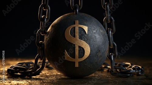 Heavy Metal Ball with Golden Dollar Sign on Chains Representing Financial Debt and Economic Burden