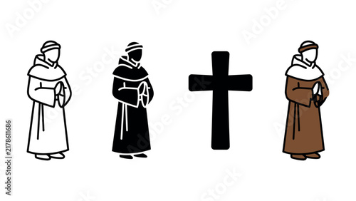 Foto Set of flat vector icons depicting praying monks and a christian cross symbol