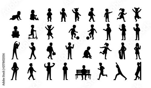 Children and Teenagers Black Silhouette Vector Character Set