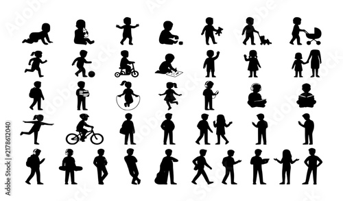 Boys Girls Kids Babies and Teenagers Flat Black Silhouette Vector Collection