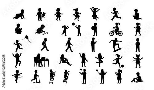Kids and Teenagers Activity Silhouette Characters Boys Girls Vector Set