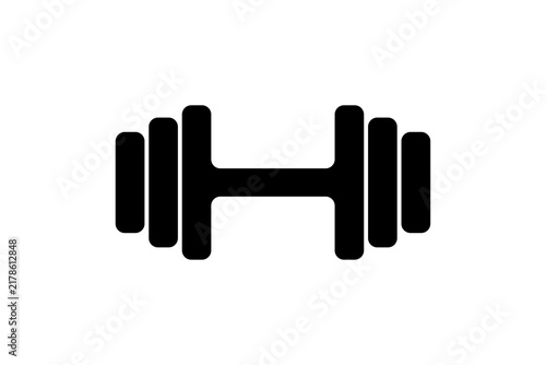 A black dumbbell icon on a white background for fitness and exercise