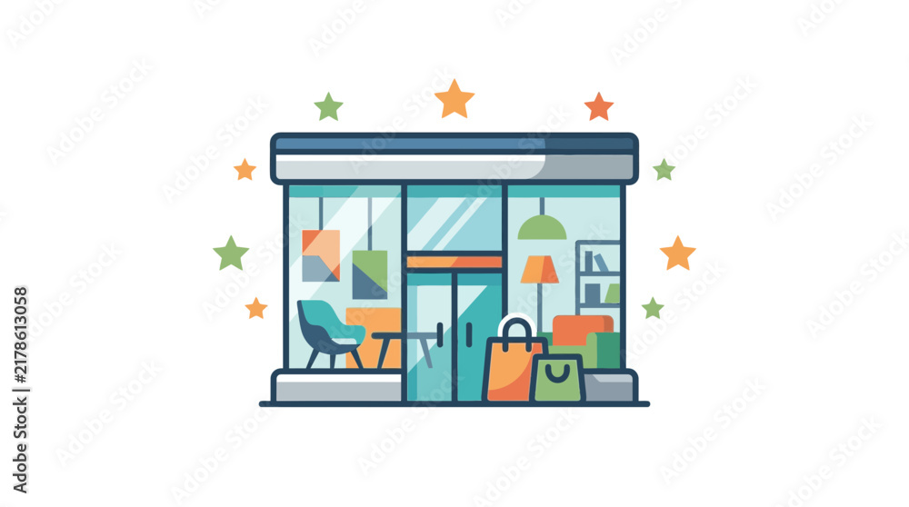 Obraz premium Modern furniture store storefront icon with shopping bags and stars