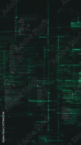 Digital programming code running on dark screen background featuring complex green data animation representing cyber security and advanced computer motion
