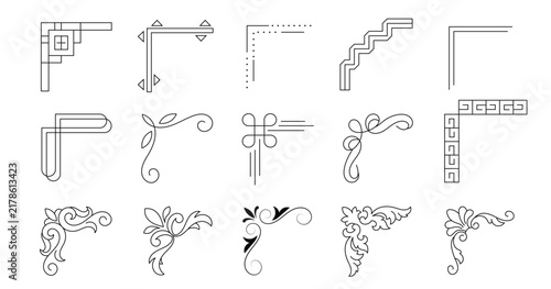 Set of vintage decorative corner frames, floral flourishes, and geometric borders outline illustration