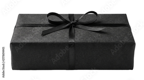 Black wrapped gift box with ribbon isolated