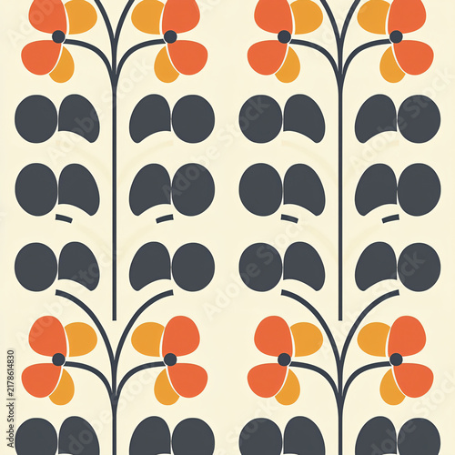 Colorful Floral Pattern with Orange and Yellow Elements on Beige Background