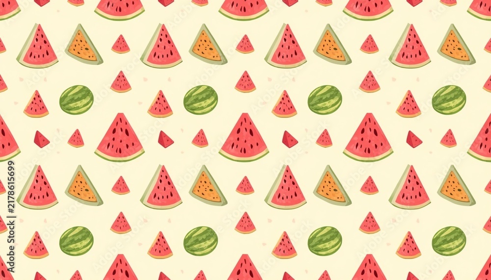 Fresh watermelon slice seamless pattern, summer fruit vector background