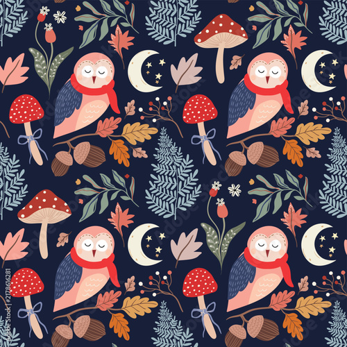 Autumnal seamless vector pattern with cozy woodland aesthetic, decorative wallpaper with owls, mushrooms, leaves and plants, perfect for autumn stationery, fabric, wrapping paper, packaging, wallpaper