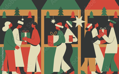 People shopping at outdoor christmas market stalls vector illustration
