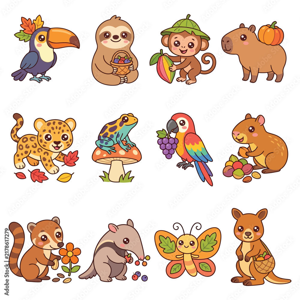 Fototapeta premium Colorful Cartoon Jungle Animal Characters Set.