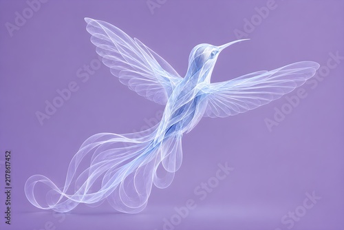 Elegant White Hummingbird Made of Flowing Lines on Purple Background