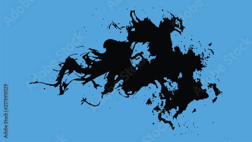 Abstract black ink splat with spray droplets and splash marks on blue background vector element for paint designs.