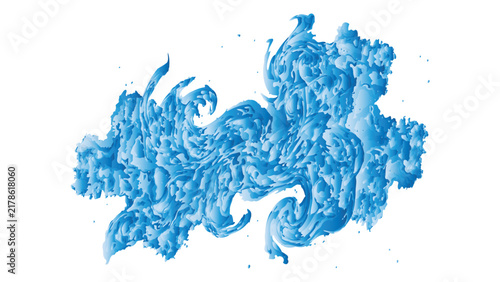 Abstract blue water swirl and liquid fluid splash flow effect with high detailed organic shapes on white background.