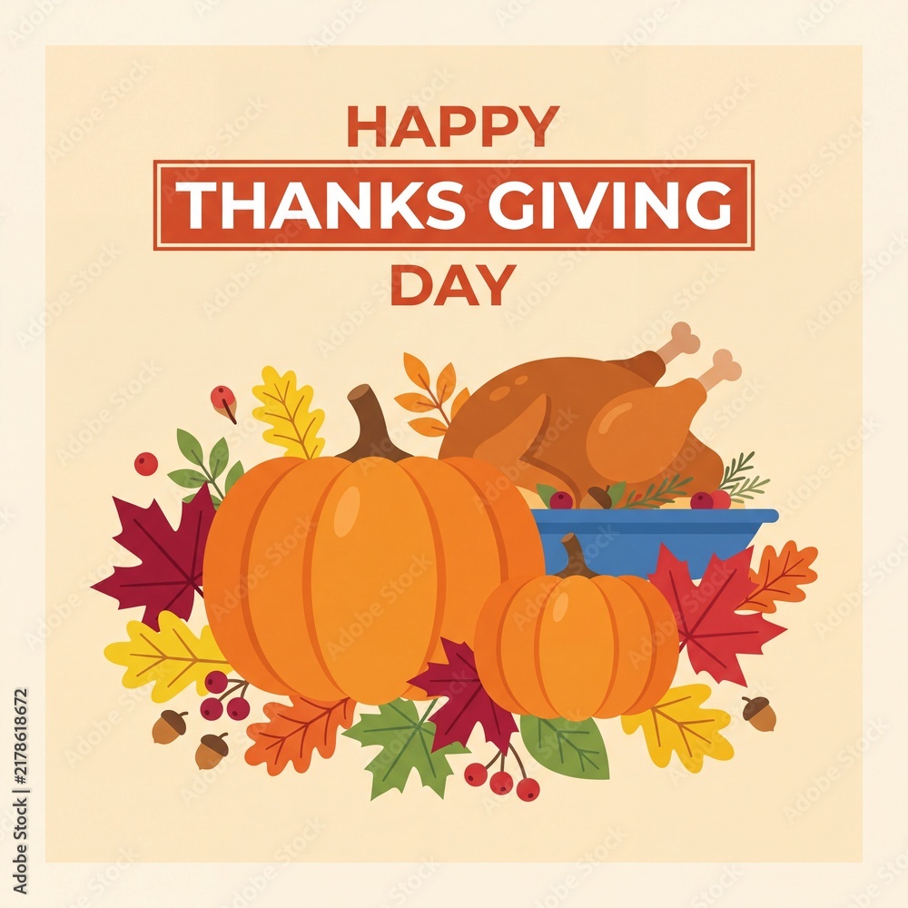 Naklejka premium Autumnal Thanksgiving Celebration Graphic Featuring Pumpkins and Roast Turkey