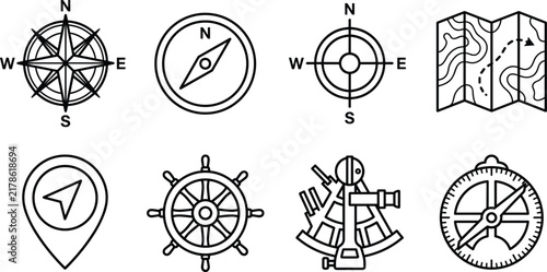Bild auf Leinwand Navigation Compass and Marine Travel Map Line Icon Set for Geography Education a